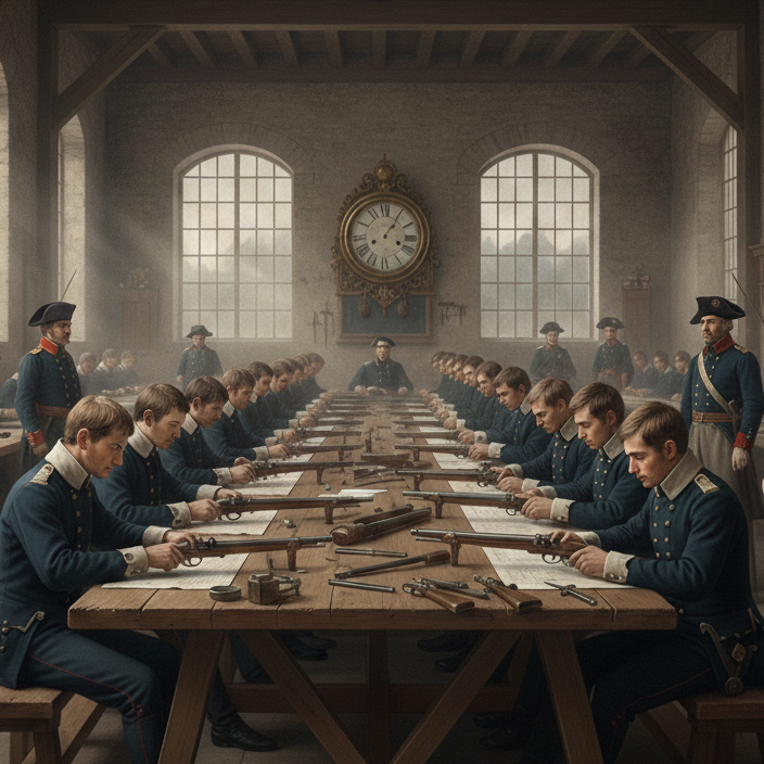Soldados prussianos em treinamento organizado em uma sala de aula histórica