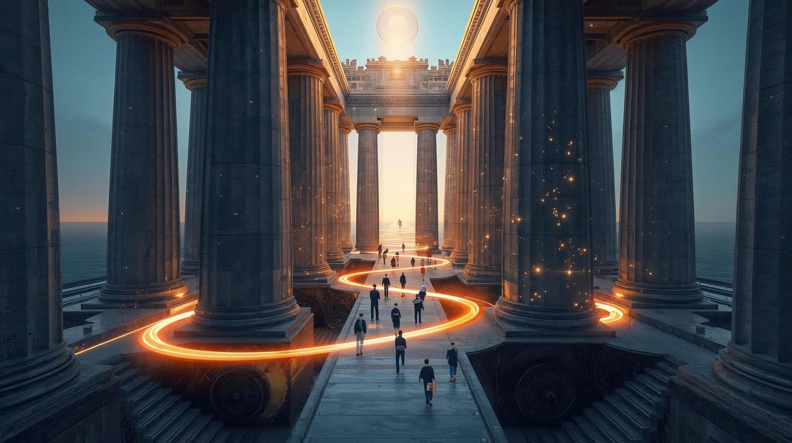 Uma ilustração conceitual em 3D de uma estrutura arquitetônica monumental que simboliza uma organização. A base e os pilares de sustentação são feitos de concreto geométrico e engrenagens de aço interligadas, representando a eficiência operacional e a estrutura formal (Taylor, Fayol e Weber). Fluindo por dentro dessa estrutura, há correntes de luz energética em tons quentes de laranja e azul, com pequenas silhuetas de pessoas colaborando, representando o fator humano e as relações (Mayo). No ponto mais alto da estrutura, uma esfera luminosa emite um feixe de luz focado em direção a um horizonte amplo, simbolizando a visão estratégica e a direção para resultados (Drucker). A imagem usa uma paleta de cores de blues profundos, cinzas e dourados luminosos