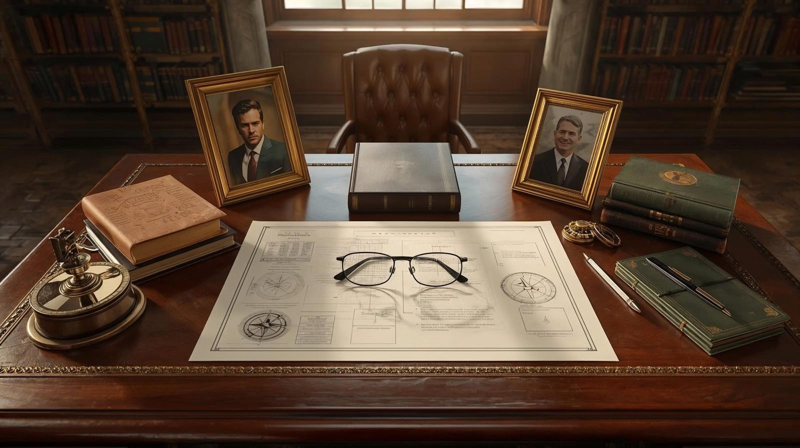 Uma mesa de escritório clássica com símbolos da administração reunidos: engrenagem, livro de leis, bússola e fotos de equipe, representando a Grande Síntese de todas as escolas administrativas.