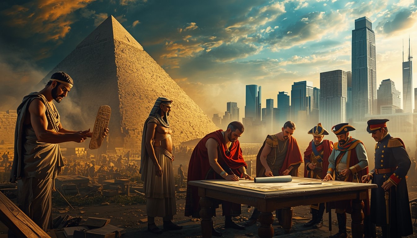 Ilustração mostrando a evolução da administração desde escribas sumérios e construtores das pirâmides do Egito até estrategistas romanos e arranha-céus corporativos modernos, simbolizando o desenvolvimento histórico da gestão e da eficiência organizacional.