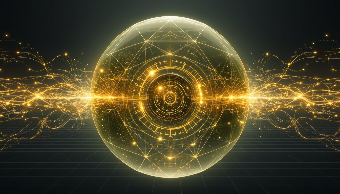 Uma esfera geométrica brilhante com engrenagens e redes neurais internas, trocando fluxos de energia dourada com o ambiente externo, simbolizando a Teoria de Sistemas na administração.