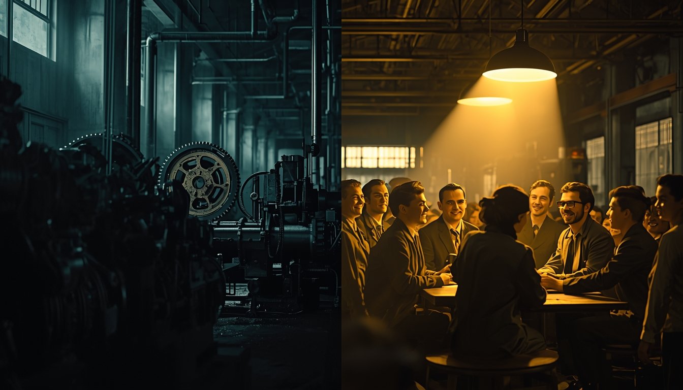 Uma cena dividida mostrando engrenagens industriais frias à esquerda e um grupo de operários conversando sob uma luz quente e acolhedora à direita, simbolizando a transição da gestão mecânica para a humanizada