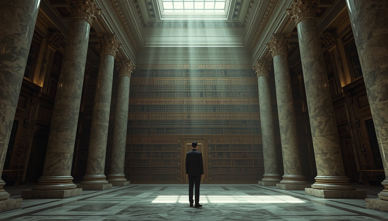 Um administrador em um hall monumental de arquitetura clássica e simétrica, cercado por arquivos organizados, simbolizando a autoridade racional-legal e a ordem de Max Weber.