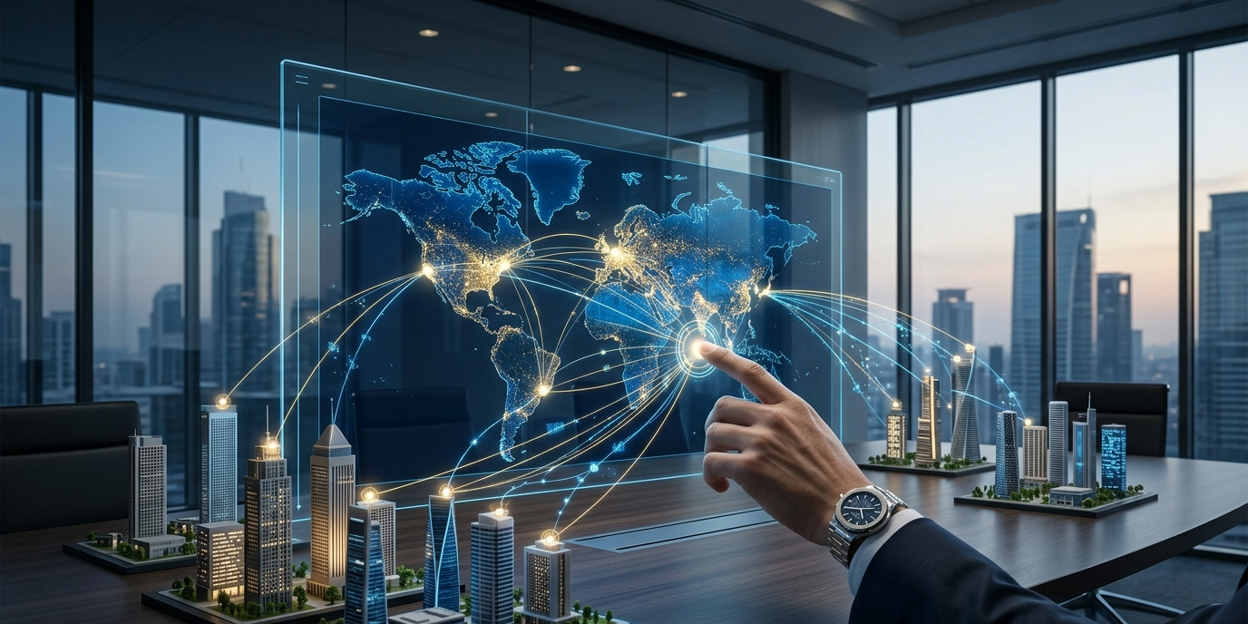 Uma imagem fotorrealista de alta resolução de uma moderna sala de reuniões corporativa. Uma grande parede de vidro interativa e transparente exibe um mapa dinâmico de um ecossistema digital vibrante, brilhando em tons de azul profundo e dourado. A partir do mapa, fios de dados brilhantes e nós interconectados se estendem, formando pontes para modelos arquitetônicos em miniatura de diversas estruturas urbanas modernas (representando parceiros, fornecedores e diferentes mercados) organizados sobre a mesa de conferência de madeira escura. No primeiro plano, a mão de um profissional de negócios, usando um relógio de luxo, alcança suavemente um dos principais nós brilhantes na tela, simbolizando a conexão e a articulação estratégica. A sala é preenchida por luz suave e direcional de janelas do chão ao teto com vista para o horizonte de uma cidade moderna ao crepúsculo, criando uma sensação de ambição, inovação e alcance global. O clima geral é sofisticado, complexo e inovador. Foto tirada com uma Sony A1, foco nítido na mão e no nó brilhante.