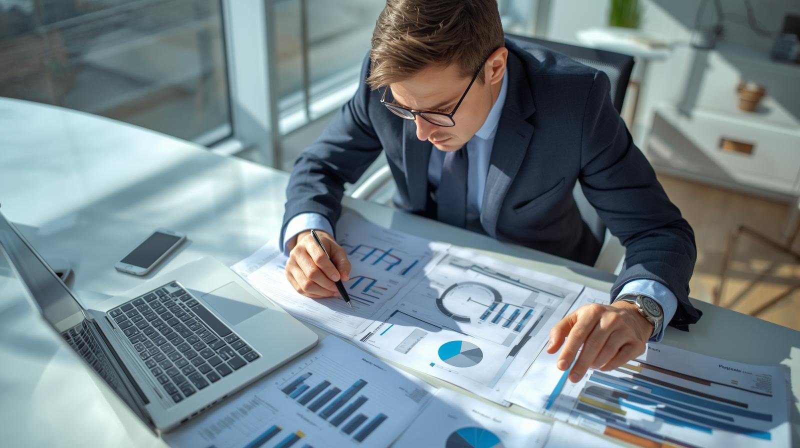 Gestor analisando relatórios de desempenho de diferentes unidades de negócio.