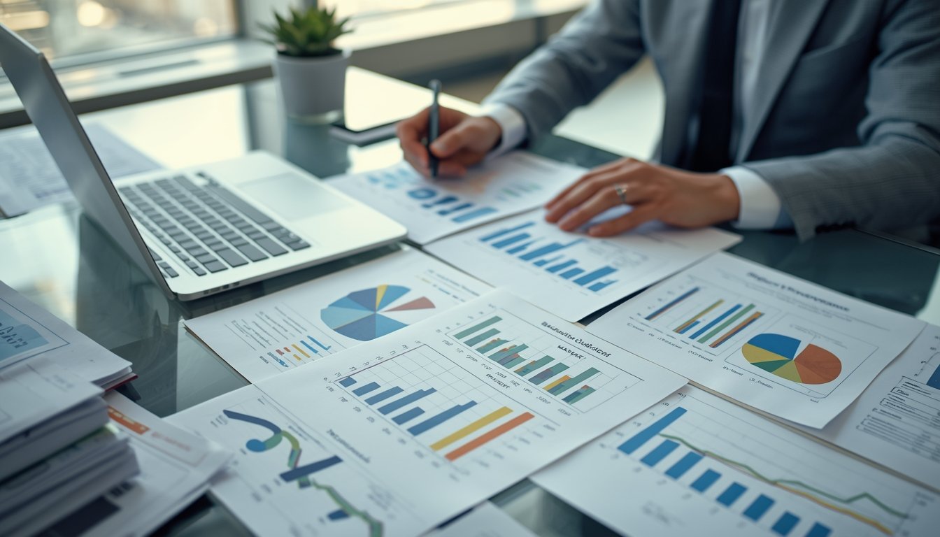 Profissional analisando gráficos financeiros e relatórios de desempenho de diferentes unidades de negócio em uma mesa de trabalho moderna.