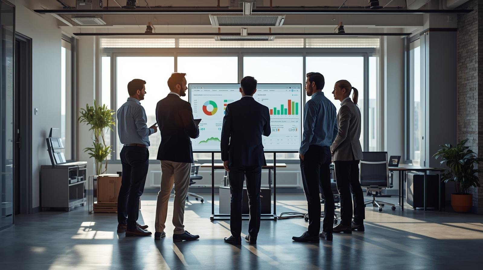 Fotografia realista de uma reunião diária de pé (stand-up meeting). Uma equipe diversificada analisa atentamente um painel digital de indicadores (KPIs) em um ambiente de escritório minimalista e iluminado, demonstrando foco, agilidade e alinhamento tático.