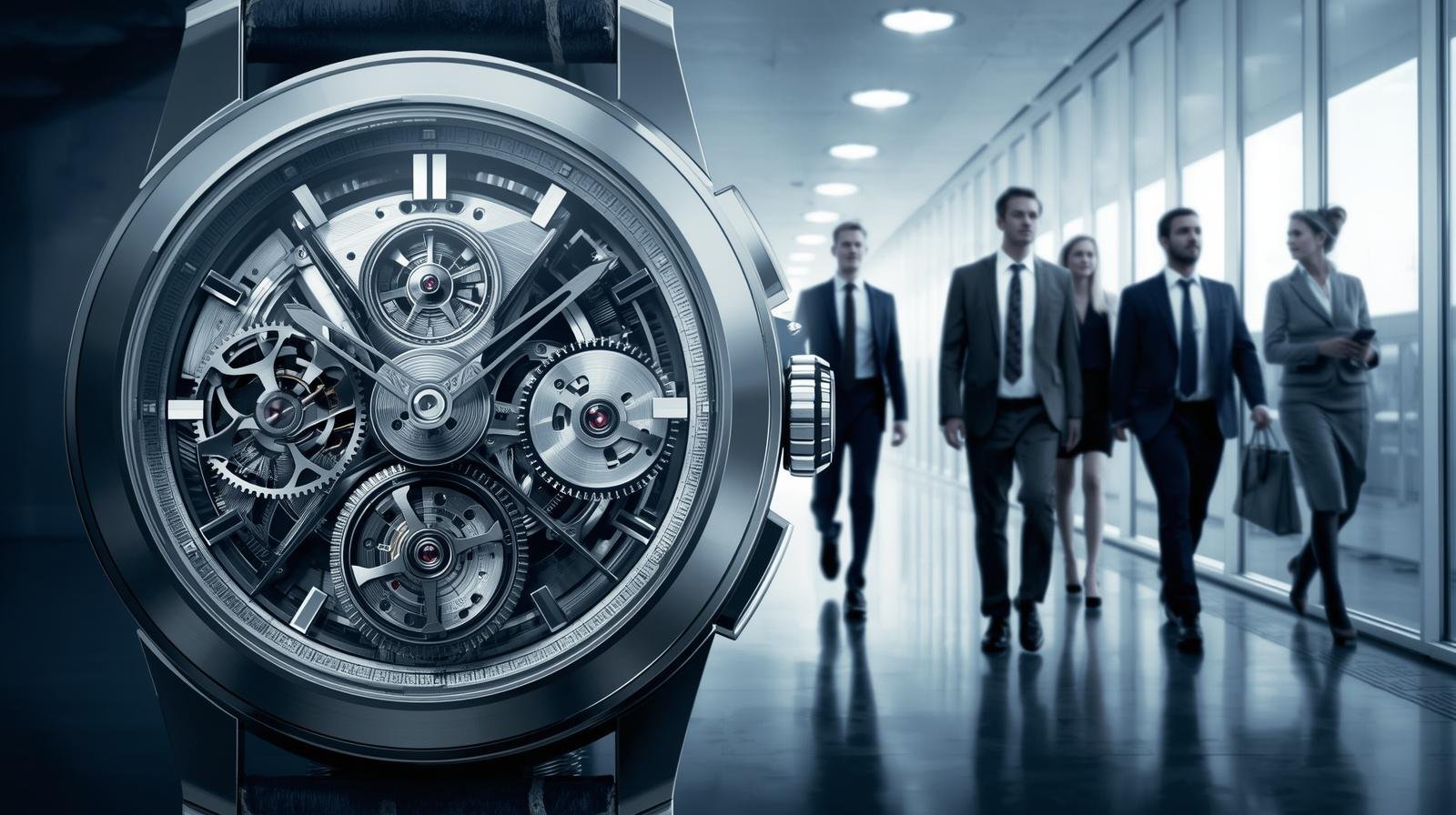 Fotografia conceitual em dupla exposição mostrando as engrenagens de um relógio de luxo sobrepostas a uma equipe de profissionais caminhando de forma sincronizada em um escritório moderno, simbolizando a precisão e a cadência operacional de uma empresa.