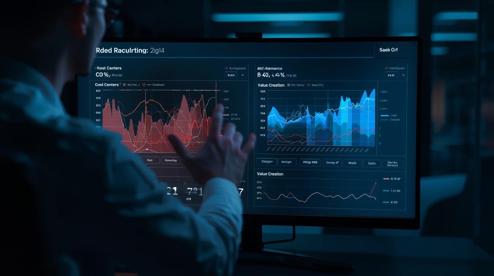 Uma fotografia realista de um administrador operando um painel de dados complexo em um monitor de alta definição. A interface destaca visualmente a diferença entre centros de custos ineficientes e áreas de criação de valor, ilustrando a precisão técnica na gestão estratégica de custos.