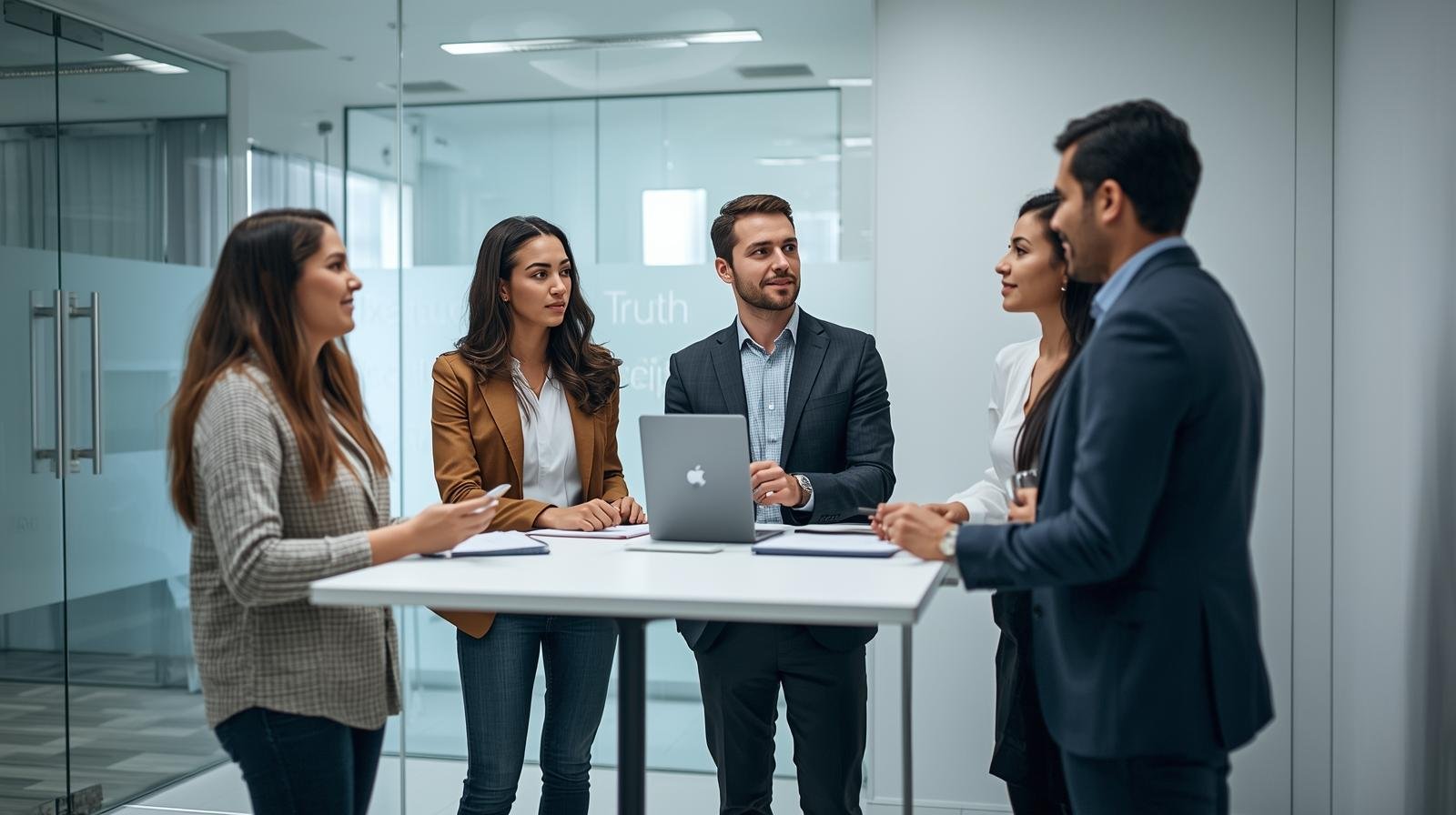 Fotografia de uma reunião ágil (stand-up meeting) em um escritório minimalista. A equipe está focada e organizada em torno de uma mesa alta, demonstrando um ritual de alinhamento prático e sem burocracia, refletindo uma cultura de disciplina e execução