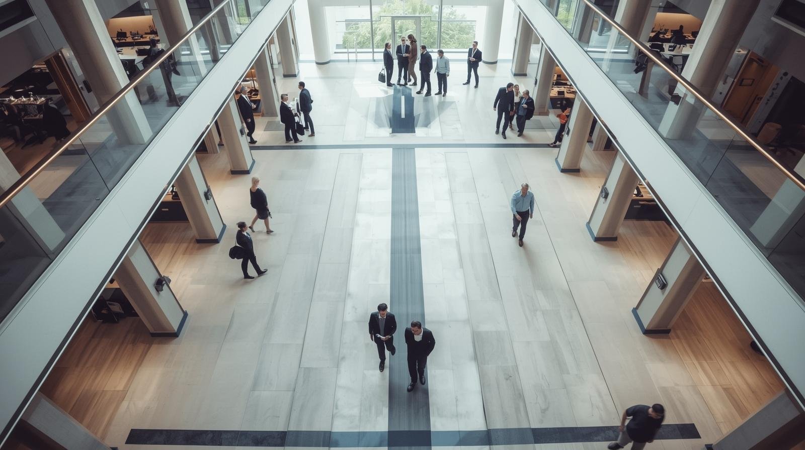 Fotografia arquitetônica de um escritório moderno e iluminado com composição perfeitamente simétrica. Profissionais movem-se com clareza e propósito sobre um piso com linhas geométricas, simbolizando uma cultura organizacional de ordem, disciplina e harmonia.