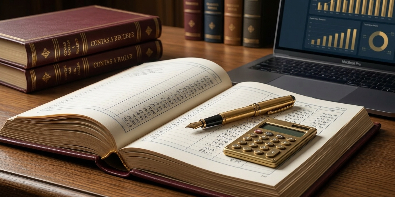 Imagem interna focado no livro-razão financeiro aberto da Cordes Finantia. A cena mostra uma caneta tinteiro dourada clássica sobre o papel com numerações manuscritas e uma calculadora analógica de metal.