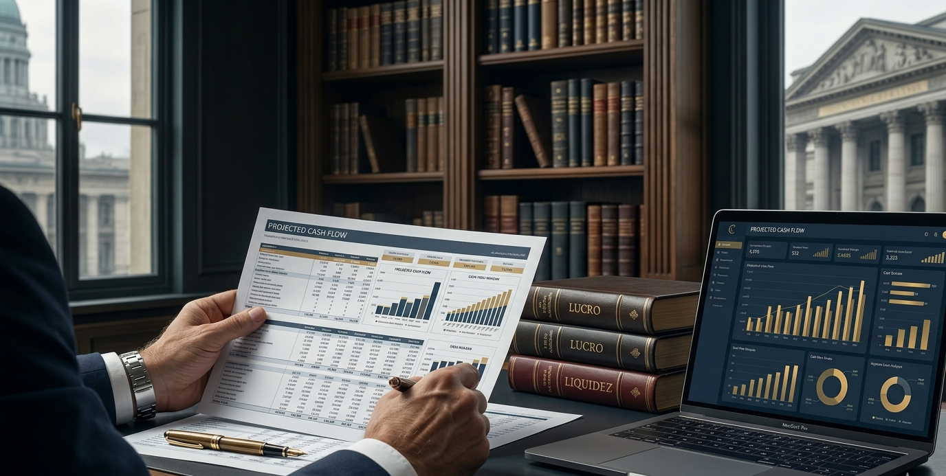 Imagem de capa conceitual e sem texto para o artigo "A Doutrina do Fluxo de Caixa". A mão de um executivo vestindo um terno azul escuro e relógio de prata está sobre um relatório financeiro impresso com tabelas e gráficos. Ao lado, um MacBook Pro moderno exibe o mesmo painel digital em tons de azul e dourado. Uma pilha de livros de contabilidade clássicos em marrom e burgundy com detalhes em ouro repousa na mesa. O fundo mostra uma estante de madeira clássica e uma janela com vista para um edifício administrativo monumental, simbolizando autoridade administrativa.