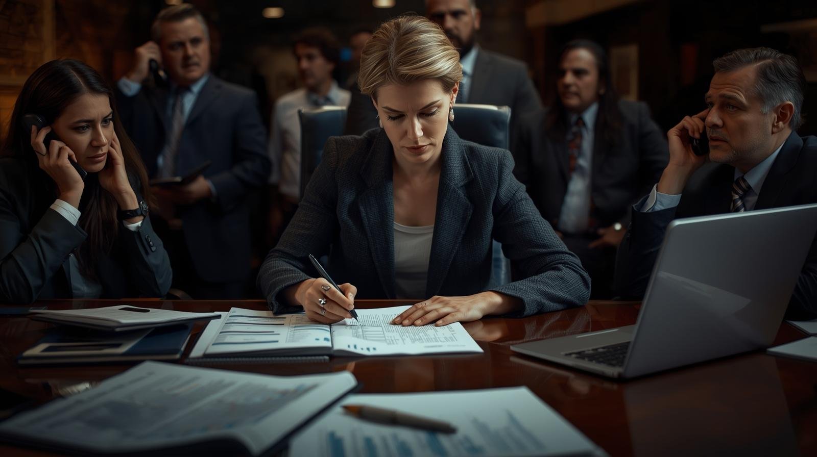 Cena realista de escritório em uma 'sala de guerra' corporativa durante uma situação de crise. Uma administradora está sentada à mesa, cercada por planilhas e um notebook, revisando calmamente um documento com foco total. Ao fundo, outros membros da equipe aparecem desfocados, demonstrando tensão e ansiedade, gesticulando ou falando ao telefone. A administradora é o ponto central de calma e concentração na sala, ilustrando a disciplina operacional e a firmeza na execução da estratégia sob pressão