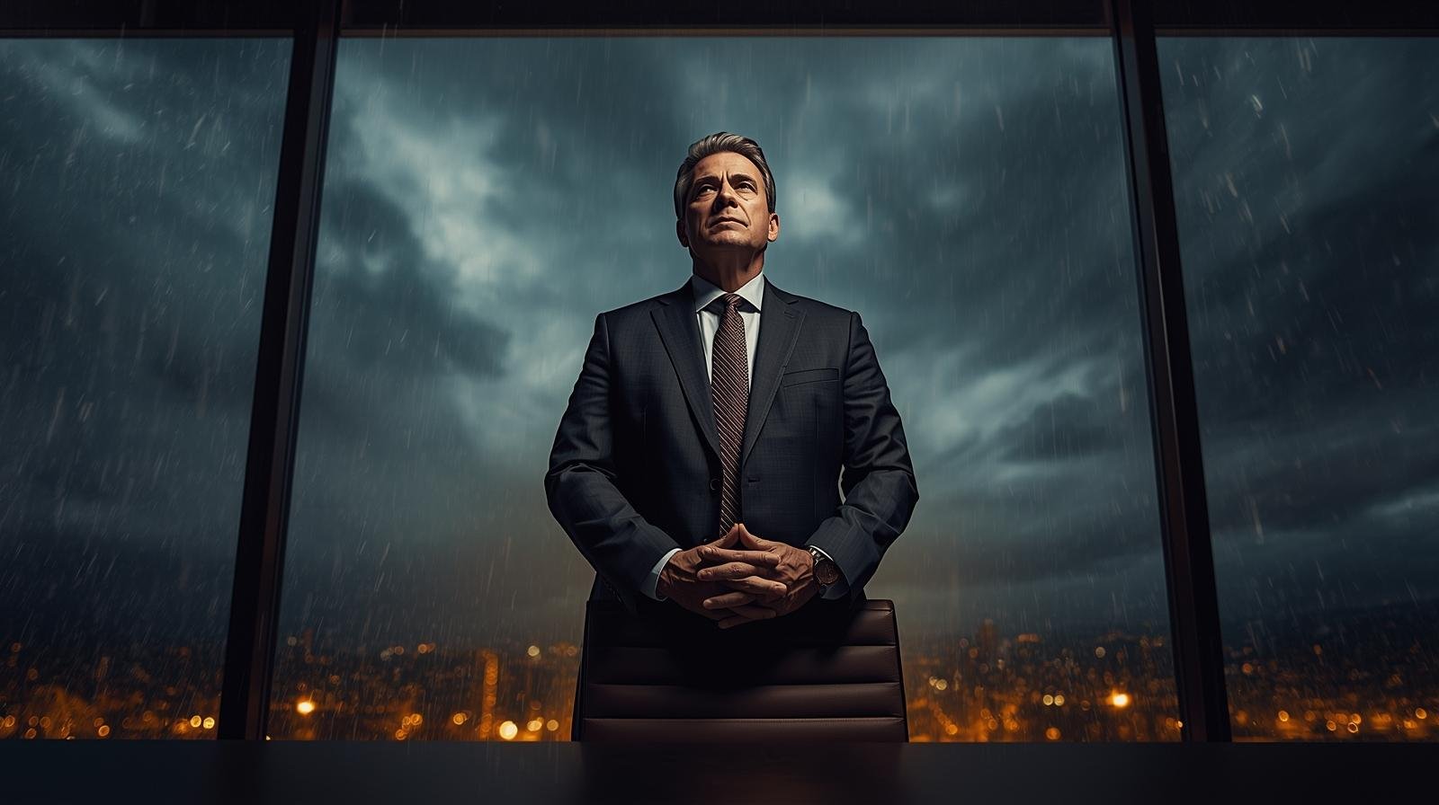 Uma fotografia realista e cinematográfica de um executivo de meia-idade em uma sala de reuniões moderna com paredes de vidro, durante uma tempestade noturna observada do lado de fora. Ele está de pé, com uma expressão serena e determinada, olhando para a chuva e o caos externo através da janela, com as mãos firmes sobre o encosto de uma cadeira de couro. A iluminação interna é estável e quente, contrastando com o ambiente externo sombrio. A imagem transmite a ideia de estabilidade, controle e liderança inabalável diante da adversidade