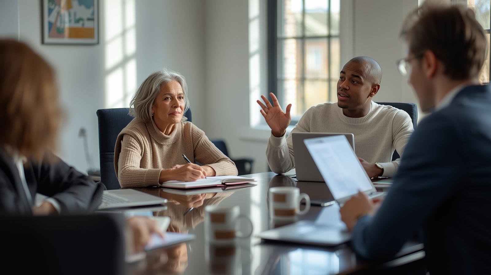 Uma fotografia realista de uma reunião de equipe em uma sala de conferências iluminada. Uma líder sênior está virada para ouvir atentamente um colega mais jovem que explica um ponto com gestos, demonstrando colaboração e abertura para ouvir a equipe