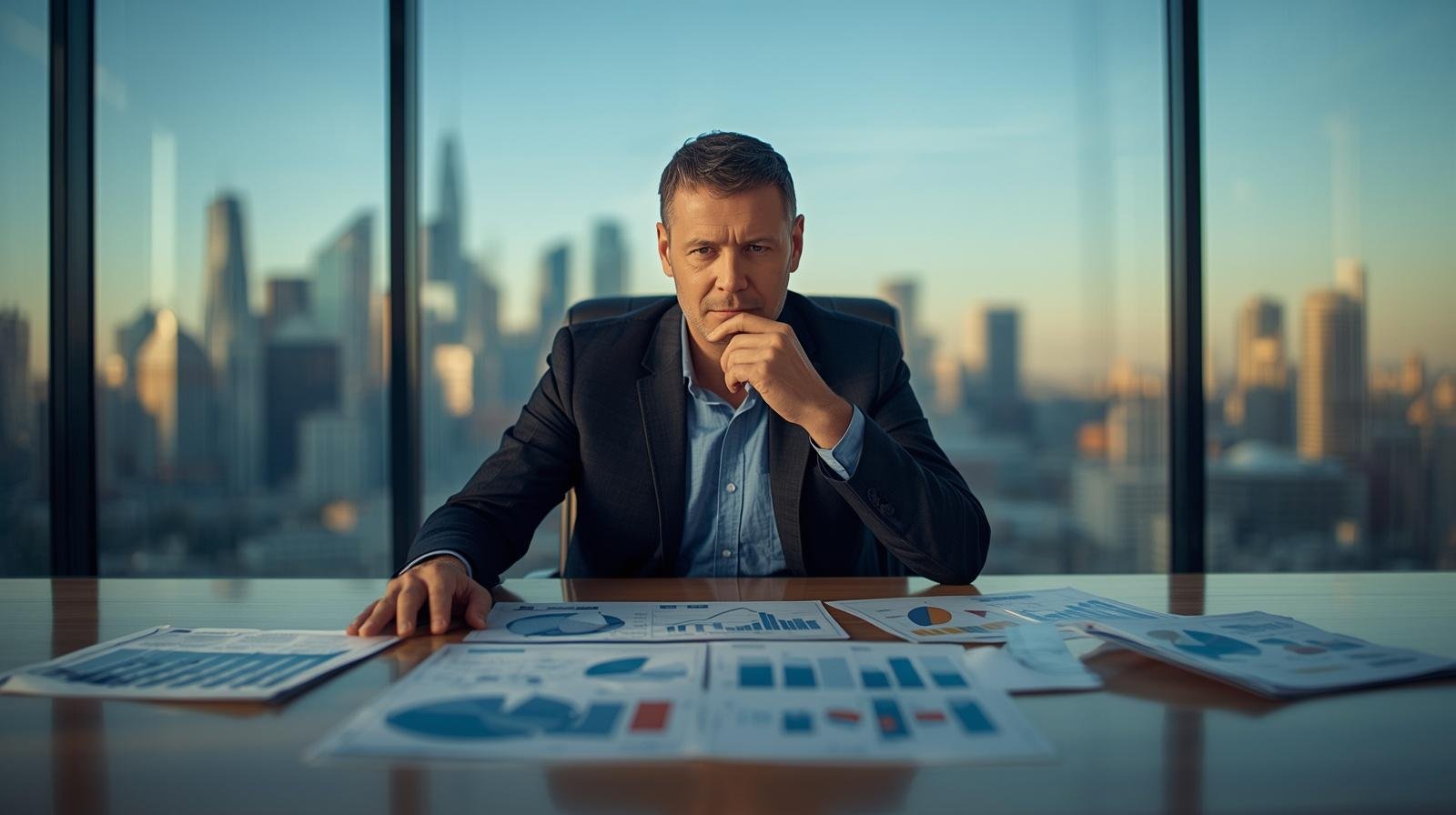 Uma fotografia realista de um executivo sentado sozinho em sua mesa de escritório ao final da tarde. Ele está inclinado, pensativo, analisando relatórios de dados e gráficos impressos sobre a mesa, com uma expressão séria e focada na realidade dos fatos