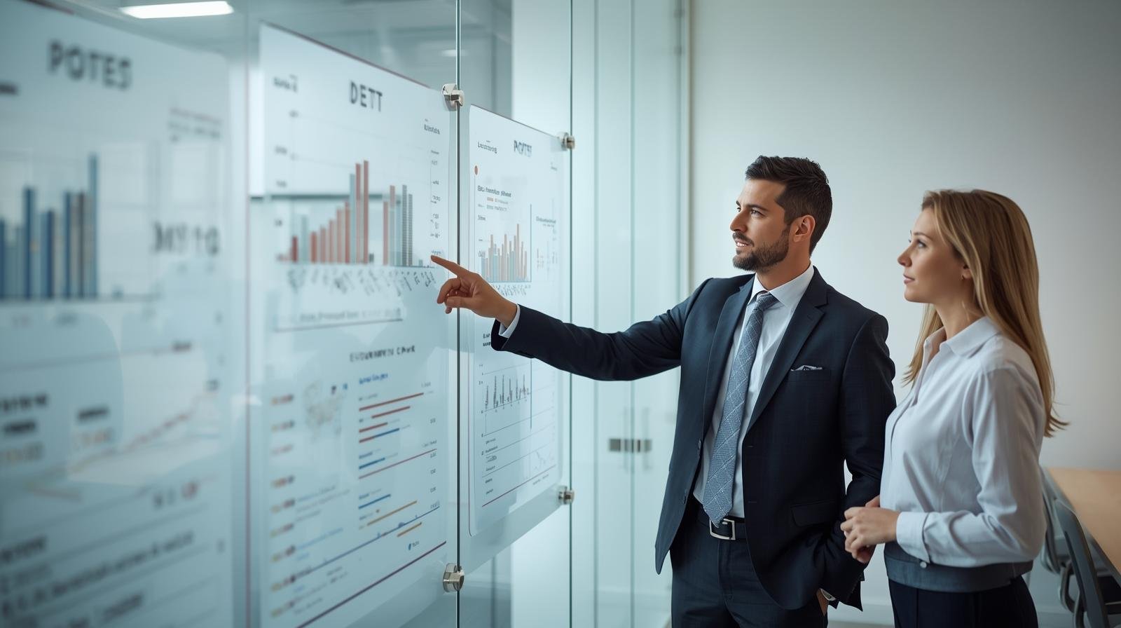 Cena real de um escritório moderno onde um administrador realiza uma reunião de feedback com um colaborador. Eles estão diante de um quadro de vidro com gráficos e métricas claras. O administrador aponta para os dados de desempenho, exemplificando a transparência e o uso de critérios objetivos na gestão. A interação é profissional, respeitosa e baseada em fatos reais