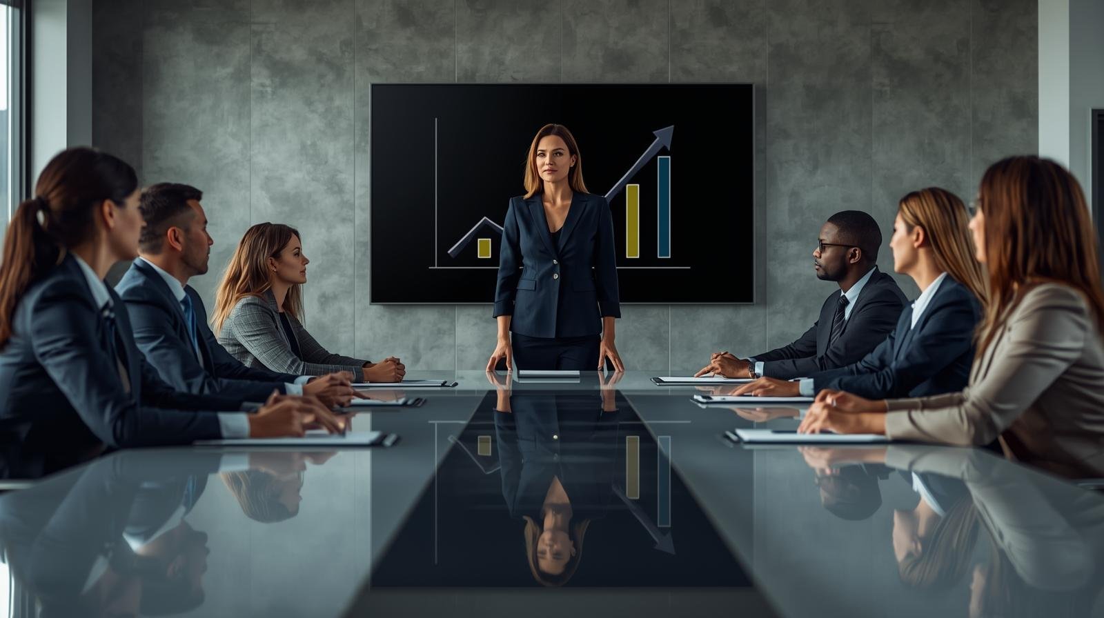 Cena realista de uma reunião estratégica onde uma administradora lidera sua equipe. Todos na sala estão voltados para a mesma direção, observando um gráfico de objetivo comum em uma tela. A composição simétrica da imagem reforça o princípio da Unidade de Direção, mostrando uma equipe alinhada e motivada pela clareza do comando e do propósito compartilhado
