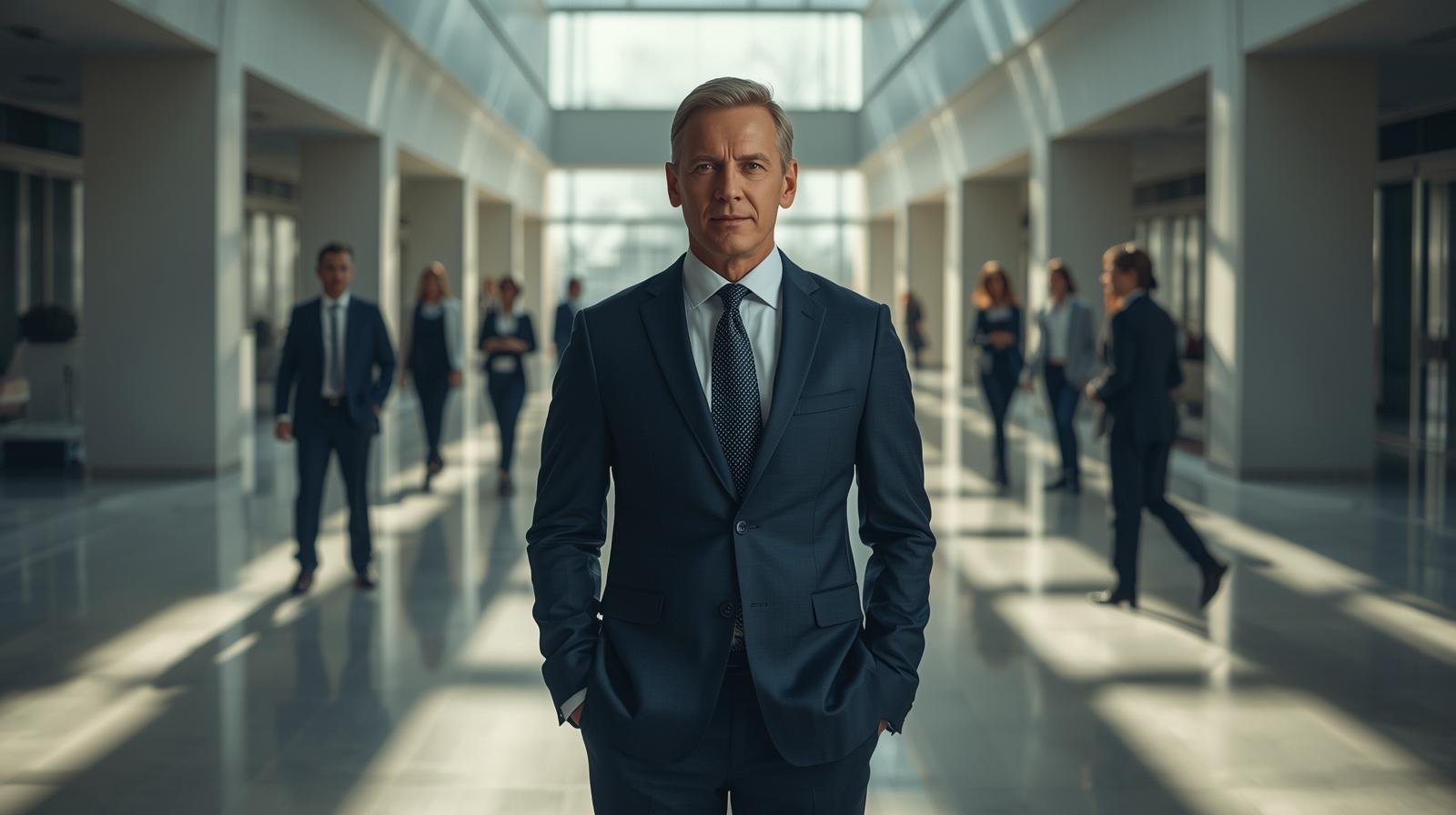 Fotografia profissional de um executivo no centro de um escritório moderno de plano aberto. Ele é o ponto focal de nitidez e estabilidade na imagem, enquanto o ambiente ao redor sugere movimento. Sua expressão é de calma e integridade, simbolizando a autoridade moral que sustenta a unidade de comando através do exemplo e da presença firme