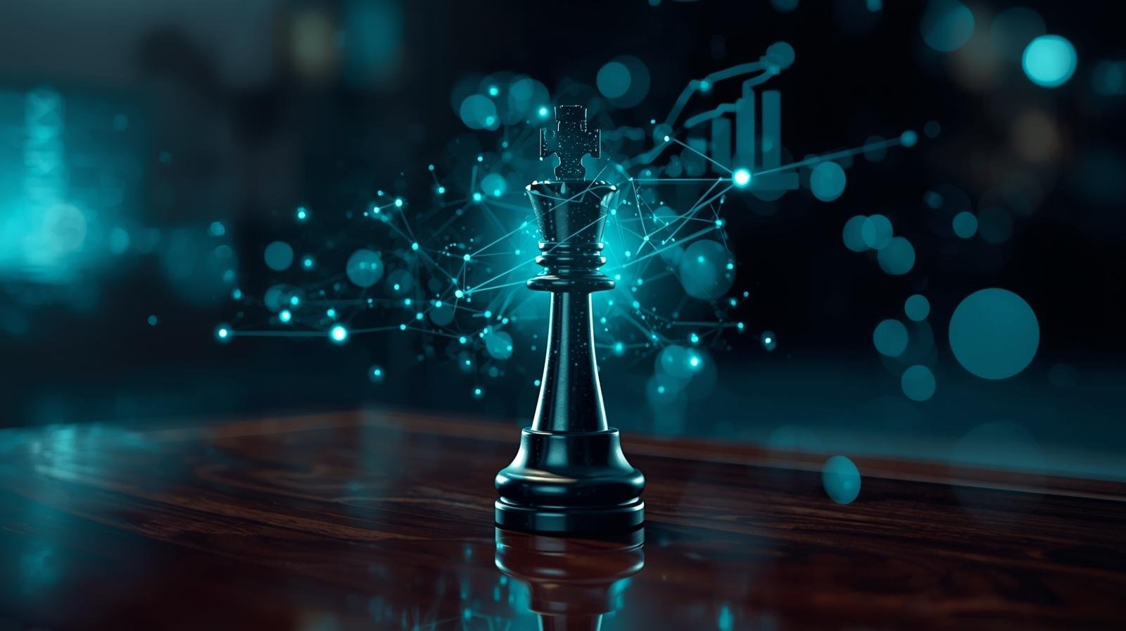 Uma peça de xadrez sobre uma mesa de escritório, rodeada por dados financeiros holográficos, representando a gestão estratégica de ativos e a tomada de decisões em finanças corporativas
