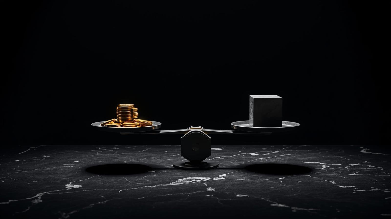 Uma fotografia conceitual e elegante exibindo uma balança mecânica de precisão em uma mesa de escritório escura. No lado esquerdo, uma pilha grande de moedas simboliza a "Lucratividade". No lado direito, um cubo metálico pequeno, denso e brilhante, simboliza a "Rentabilidade", equilibrando a balança e destacando que a eficiência supera o simples volume.