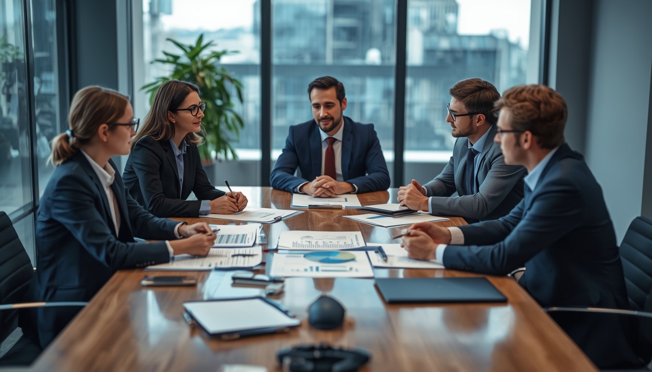 Reunião de negócios com empresa negociando com fornecedores e clientes ao redor de uma mesa.