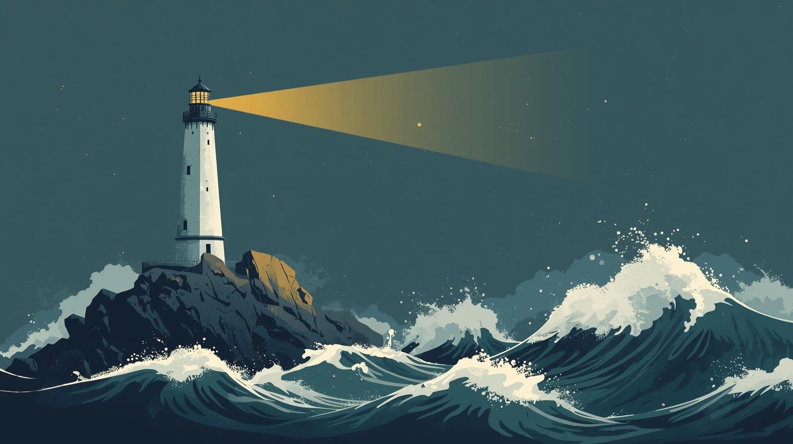 Farol firme em meio às ondas do mar representando uma organização que permanece sólida enquanto enfrenta forças competitivas do mercado.