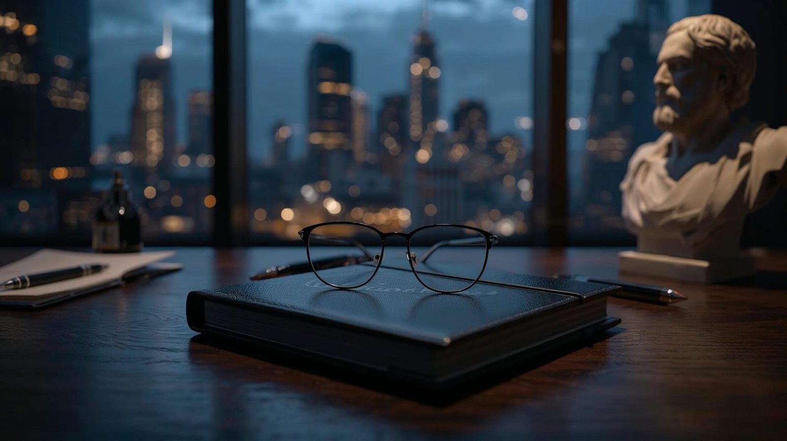 Uma fotografia de ângulo baixo, em estilo cinematográfico e profissional, focada em uma mesa de escritório executiva de madeira escura. Sobre a mesa, estão dispostos um par de óculos de armação clássica, uma caneta-tinteiro de luxo e uma agenda de couro aberta, simbolizando planejamento e intelecto. Ao fundo, levemente desfocado, vê-se o busto de mármore de um filósofo romano e uma grande janela com vista para o horizonte de uma metrópole ao anoitecer, com luzes de prédios brilhando. A iluminação é sóbria, com tons de dourado e sombras profundas, transmitindo uma atmosfera de sabedoria, autoridade estratégica e reflexão profunda