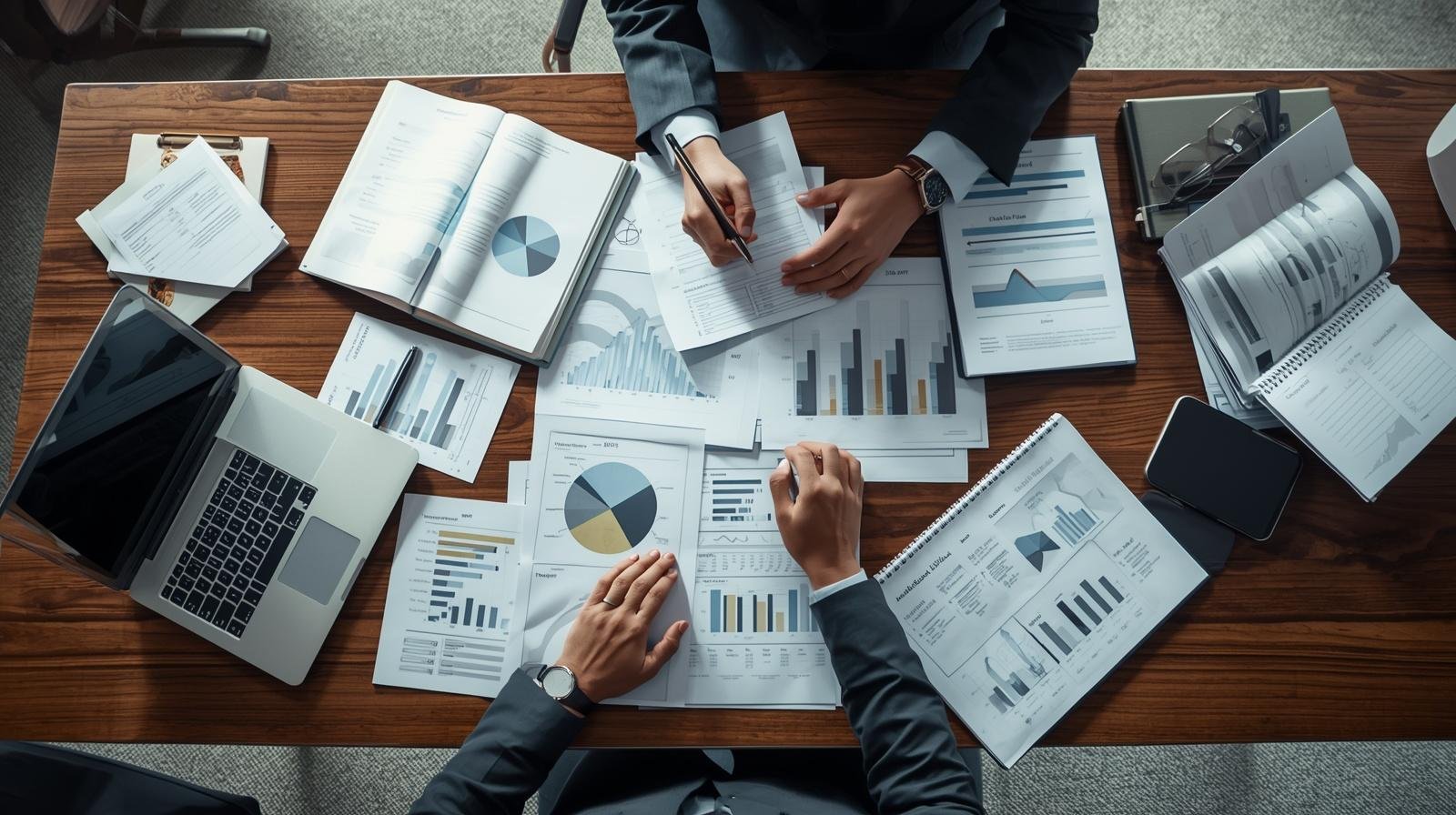 Mesa de trabalho com relatórios e gráficos sendo analisados para planejamento estratégico.