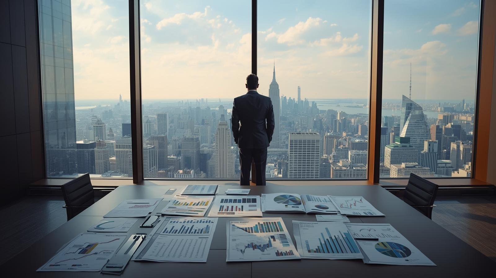 Executivo analisando relatórios estratégicos enquanto observa o horizonte da cidade, representando visão de longo prazo e análise do mercado.