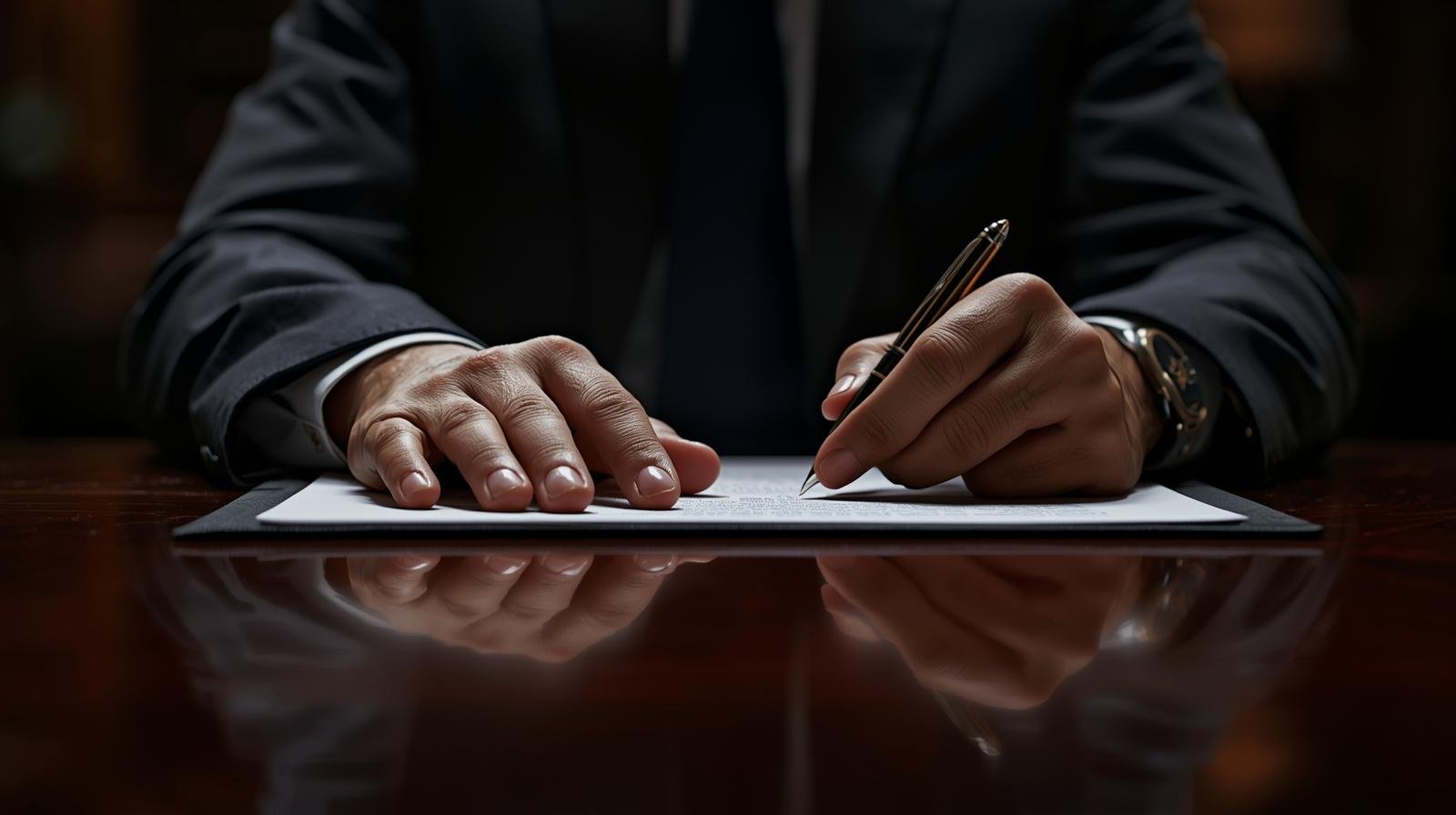 Fotografia em close-up de mãos masculinas firmes sobre uma mesa de madeira escura e polida. Uma das mãos segura uma caneta tinteiro sobre um documento, simbolizando a gravidade e a propriedade de uma decisão administrativa importante.