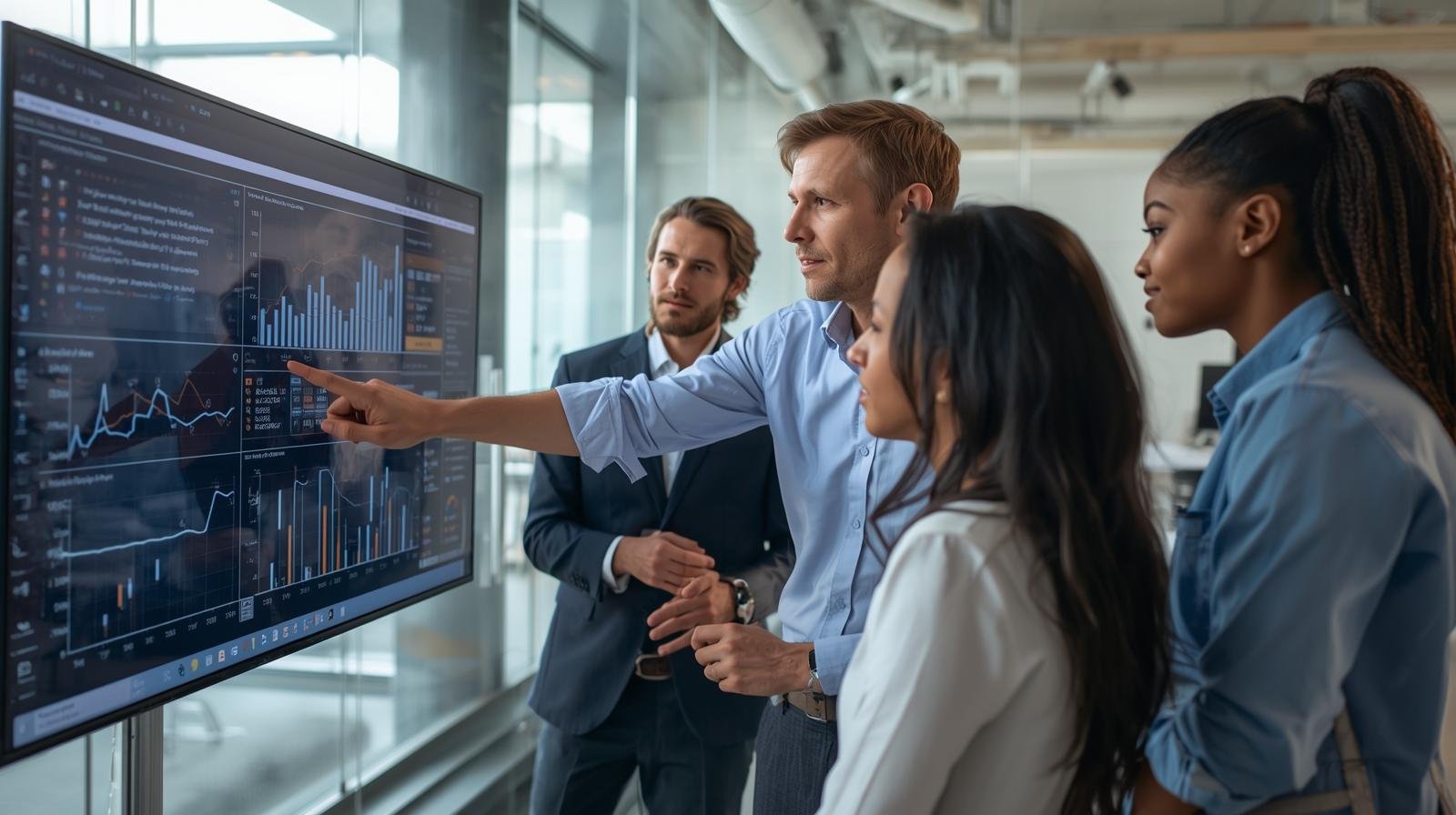 Fotografia realista de um grupo de quatro profissionais, incluindo um líder experiente com mangas da camisa dobradas, reunidos e focados em uma tela que mostra um painel de dados complexo em um escritório moderno. O líder está apontando para um ponto de dados e explicando-o para a equipe jovem, ilustrando o engajamento e o compromisso prático com os resultados e com a equipe