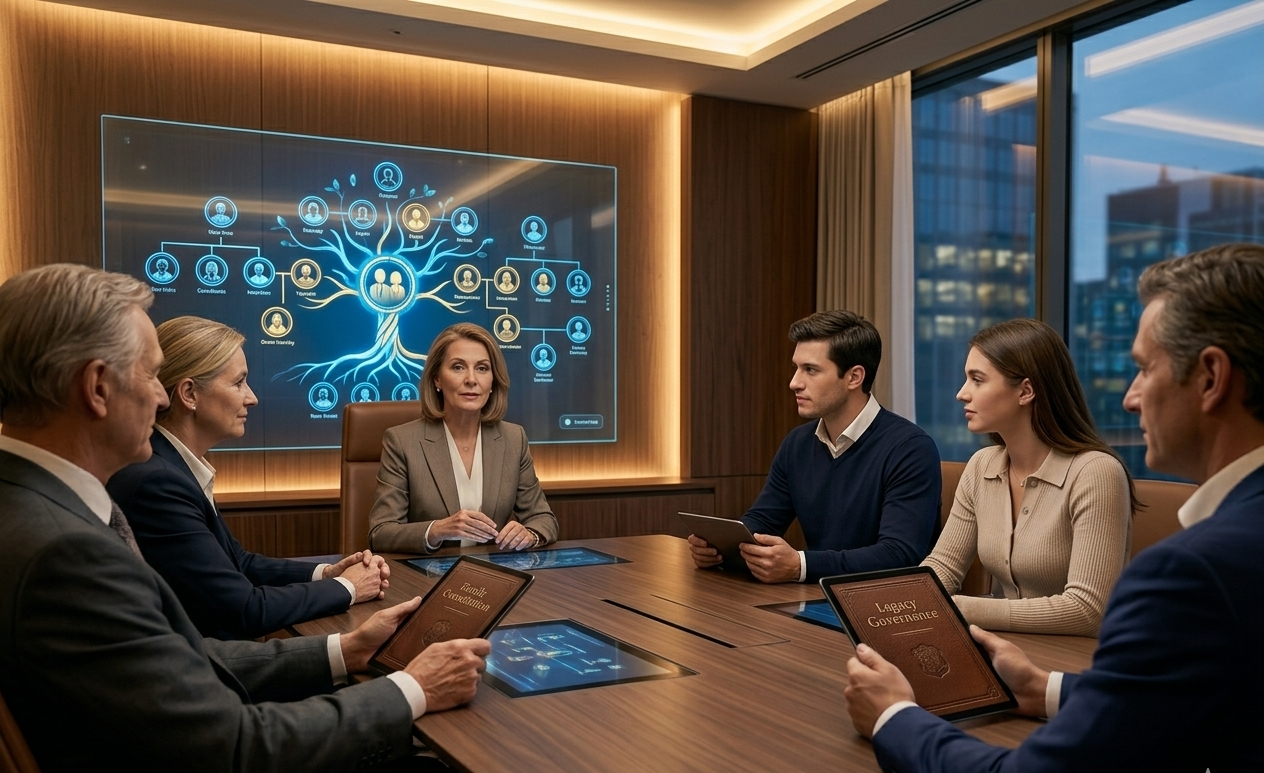 Um plano médio fotorrealista e detalhado capturando uma reunião formal e estruturada de um conselho de família dentro de uma sala de conselho moderna e dedicada. A atmosfera é calorosa, mas profissional, consistente com o tom rico e prestigioso estabelecido na image_4.png. Cinco pessoas estão reunidas ao redor de uma mesa contemporânea e elegante de madeira escura com telas sensíveis ao toque integradas. À cabeceira da mesa está sentada uma mulher de meia-idade com traje profissional equilibrado, apresentando uma árvore genealógica dinâmica e brilhante em azul e dourado e uma visualização da estrutura de propriedade em uma grande tela de vidro interativa transparente na parede. À sua frente estão dois adultos mais jovens (um homem e uma mulher no início dos seus 20 anos, compartilhando os traços refinados vistos no sujeito mais jovem da image_4.png), vestidos com roupas profissionais casuais elegantes, ouvindo atentamente com expressões de responsabilidade, segurando tablets digitais que exibem documentos sobre 'Constituição Familiar' e 'Governança do Legado'. Seus tablets apresentam um gráfico clássico de couro em relevo na tela, uma textura que recorda o diário antigo na image_4.png. Dois outros adultos de uma geração diferente observam, oferecendo orientação de apoio, mas rigorosa. A sala é moderna, mas acolhedora, com iluminação LED quente e eficiente e uma grande janela ao fundo que mostra um distrito comercial prestigioso e desfocado ao crepúsculo, simbolizando a separação da família e das operações comerciais. O foco é nítido nos rostos, na tela e nos tablets. Foto tirada com uma Canon EOS R5.