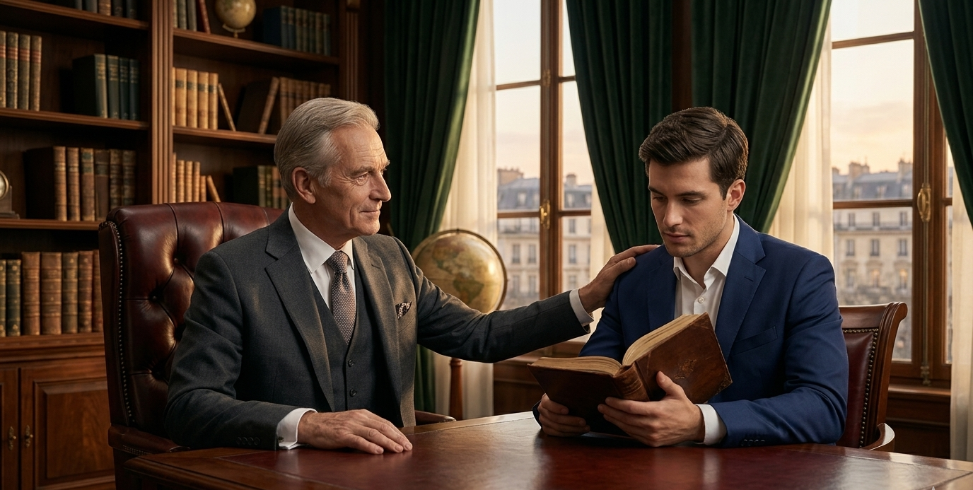 Uma imagem fotorrealista de alta resolução capturando um momento emocionante de mentoria e sucessão dentro de um ambiente corporativo prestigioso e tradicional. Um senhor mais velho e distinto, com traços refinados e cabelos grisalhos, usando um terno de três peças cinza-escuro sob medida e uma gravata discreta padronizada, está sentado a uma mesa de mogno maciça e polida em um escritório-biblioteca clássico. Ele olha com uma expressão de orientação orgulhosa para um homem mais jovem, no final dos seus 20 anos, vestido com um terno azul-marinho moderno e elegante. A mão do líder mais velho repousa suavemente no ombro do homem mais jovem, que está focado intensamente, segurando um diário antigo encadernado em couro aberto sobre a mesa, simbolizando a transferência de conhecimento institucional e o 'segredo do negócio'. O escritório é repleto de texturas ricas: prateleiras cheias de livros antigos, um grande globo e cortinas pesadas de veludo verde-escuro filtrando a luz suave e quente da tarde de uma janela alta com vista para o horizonte de uma cidade clássica europeia ao crepúsculo. A atmosfera é solene, respeitosa e voltada para o futuro. Foto tirada com uma Sony A1, foco nítido nos rostos e no livro, profundidade de campo rasa.