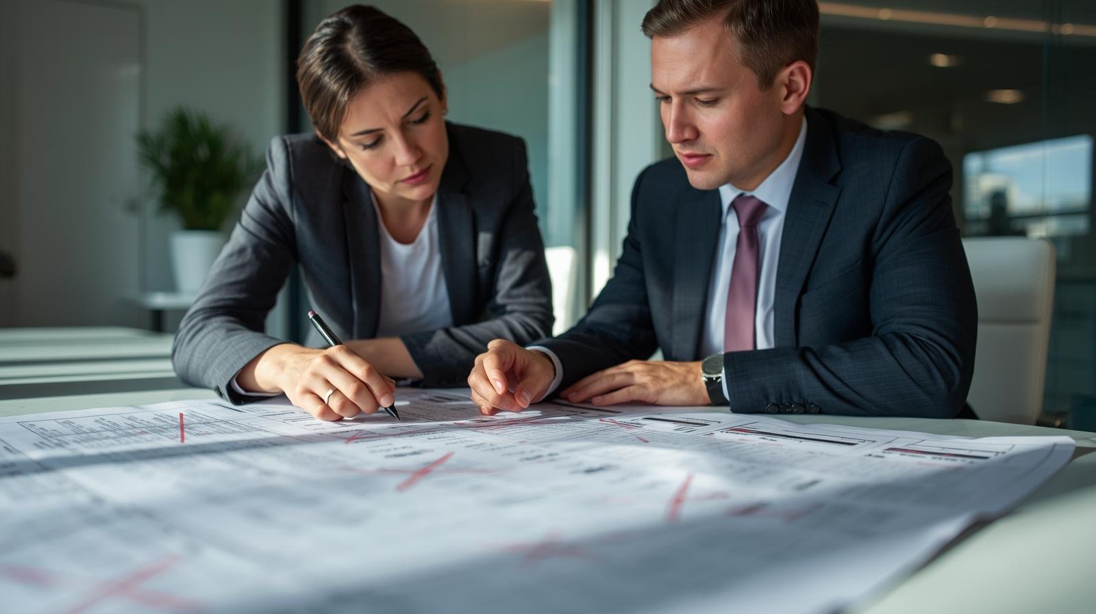 ena de um administrador e uma colaboradora analisando uma planilha com itens riscados em vermelho, representando a redução de custos e a sobriedade administrativa. A interação é profissional e focada na eficiência dos recursos