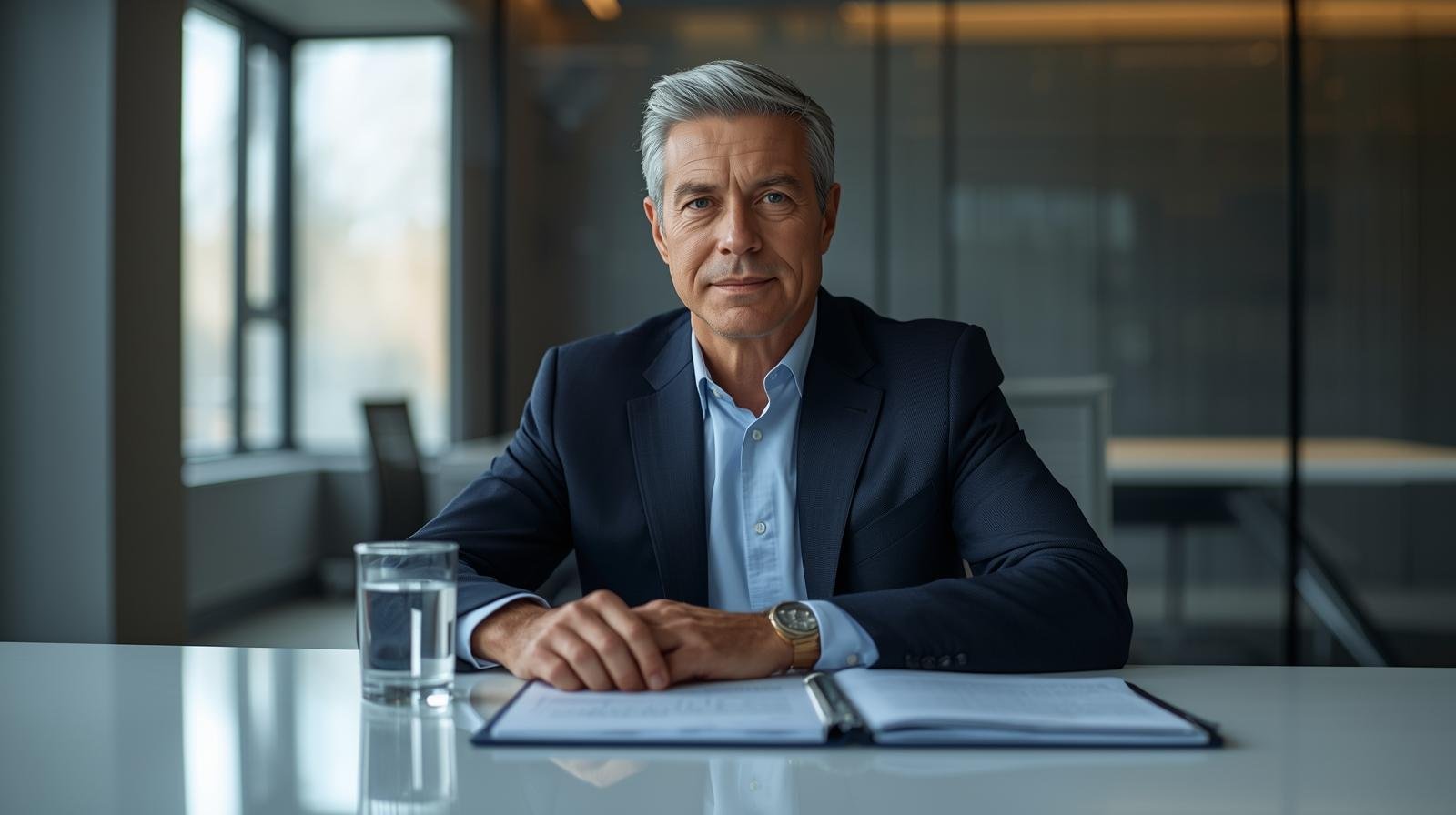 Uma fotografia realista de um executivo sentado em uma mesa de escritório moderna e minimalista. Ele tem uma expressão calma e focada, segurando um copo de água com uma das mãos, enquanto a outra está sobre documentos organizados. O fundo é um escritório contemporâneo e sofisticado, levemente desfocado, com luz natural suave. A imagem transmite uma sensação de autogoverno, disciplina, clareza e controle sereno, sem elementos metafóricos