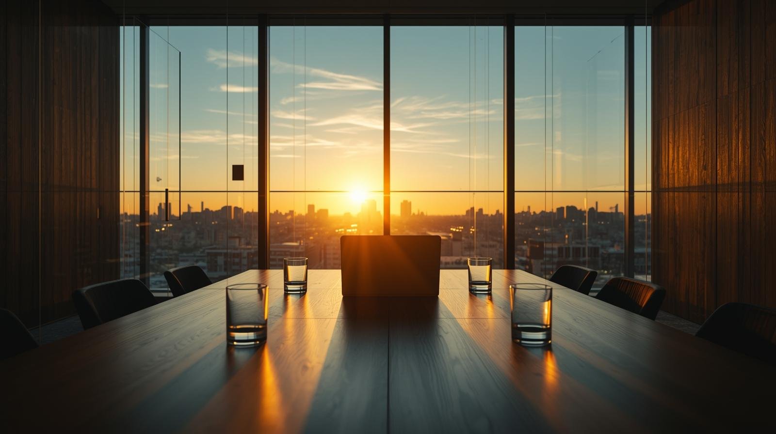 Fotografia de uma sala de reuniões de vidro moderna ao amanhecer. A luz do sol entra com clareza, refletindo nas superfícies limpas e transparentes, simbolizando o fim da ambiguidade e o início de uma cultura de transparência e verdade.
