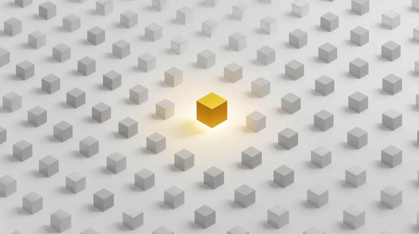 Um elemento dourado único se destacando entre vários elementos cinza idênticos, simbolizando diferenciação e vantagem competitiva.
