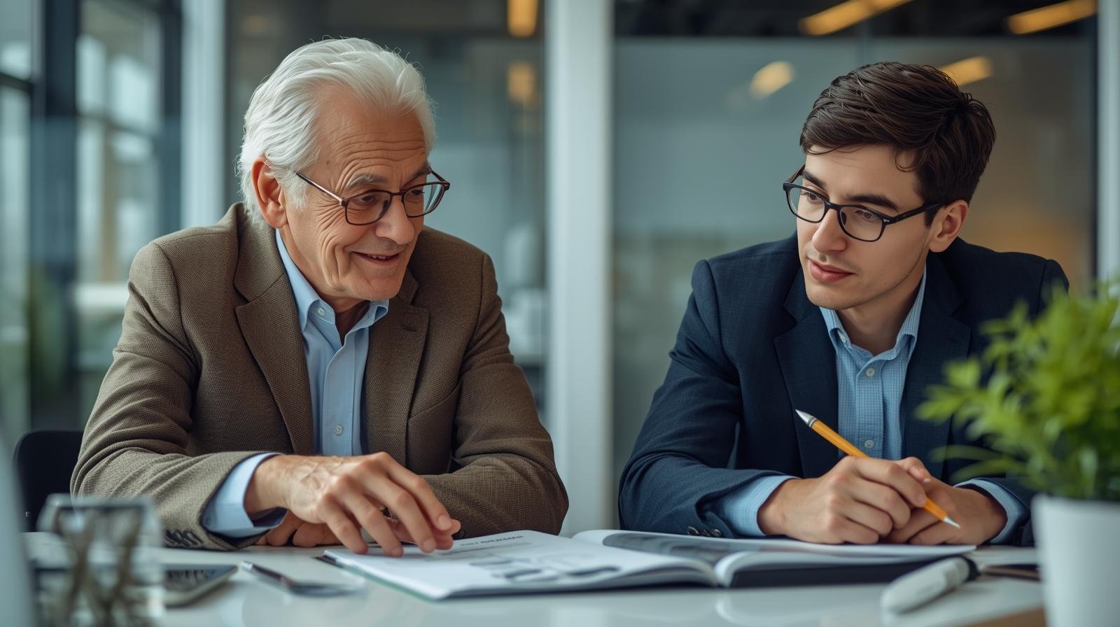 Fotografia realista de um mentor experiente ensinando um colega mais jovem usando um manual de processos (playbook). A cena ilustra a conversão do conhecimento tácito em explícito e a garantia de continuidade da inteligência organizacional.