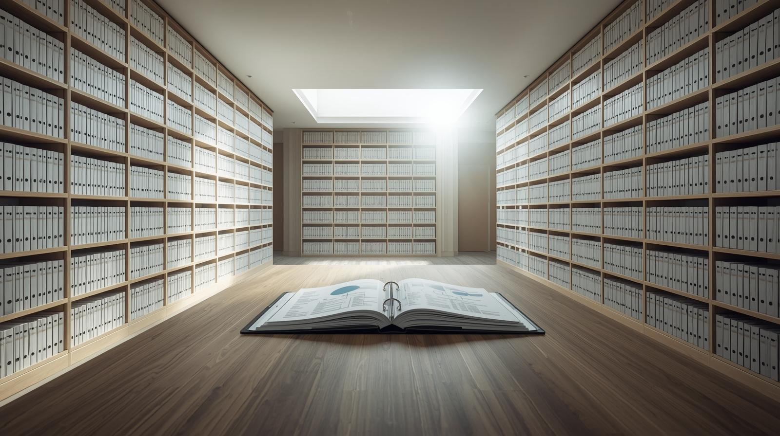 Uma fotografia profissional de um arquivo moderno e minimalista com prateleiras organizadas. Sobre uma mesa central, um manual aberto exibe fluxogramas claros, simbolizando a sistematização do conhecimento e a memória institucional da empresa.