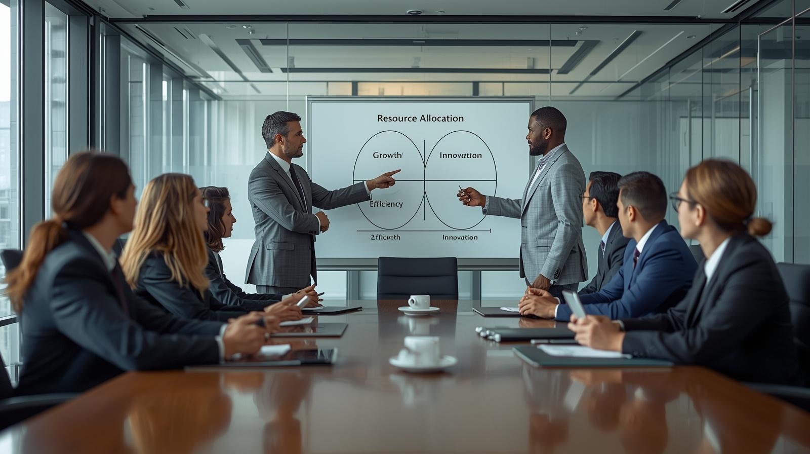 Fotografia realista de uma reunião de liderança em torno de um quadro branco que exibe uma matriz de alocação de recursos. A equipe discute a priorização de investimentos, demonstrando a cultura de disciplina e a mentalidade de dono na gestão de custos.