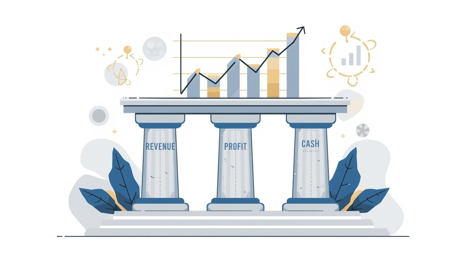 Ilustração conceitual de uma estrutura sustentada por pilares financeiros como receita, lucro e fluxo de caixa, simbolizando a solvência e estabilidade de uma empresa