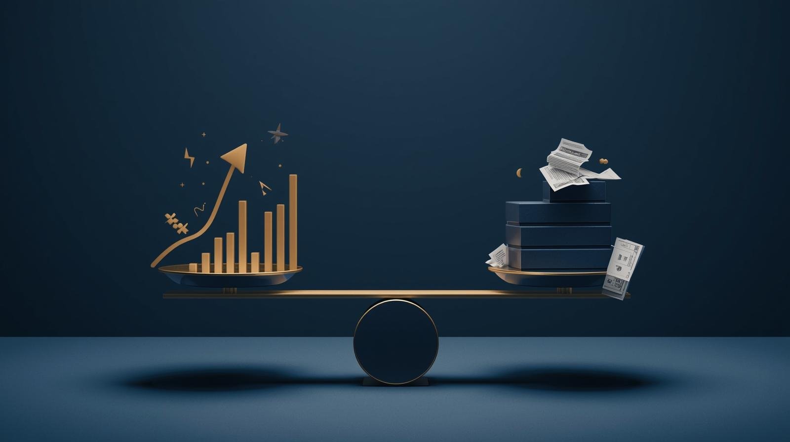 Ilustração conceitual de uma balança equilibrando crescimento empresarial e dívidas, representando o equilíbrio delicado entre expansão estratégica e risco de insolvência.