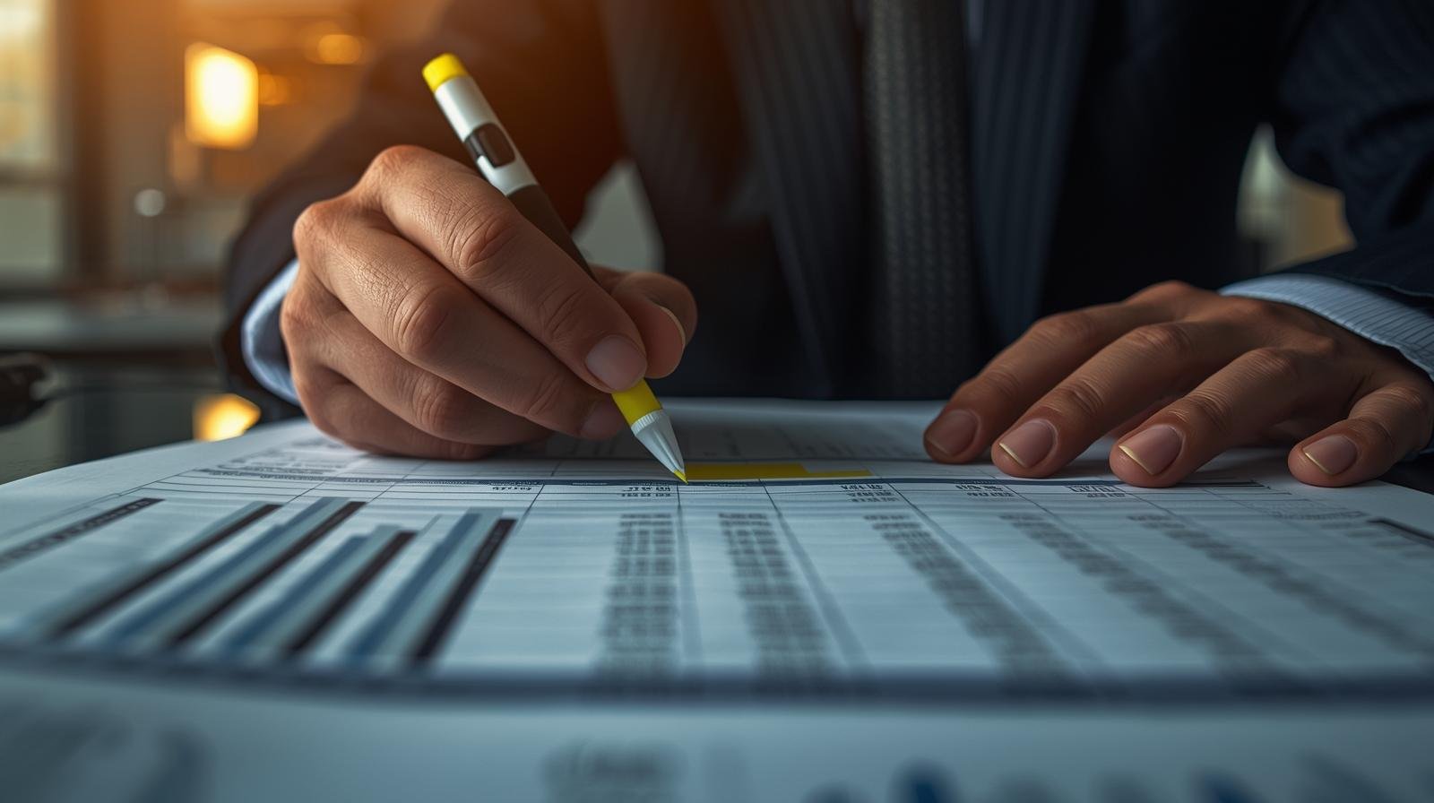 Close-up das mãos de um administrador revisando meticulosamente um relatório financeiro impresso com um marcador. A imagem ilustra a prudência e o dever de cuidado na gestão da liquidez e na criação de uma margem de segurança.