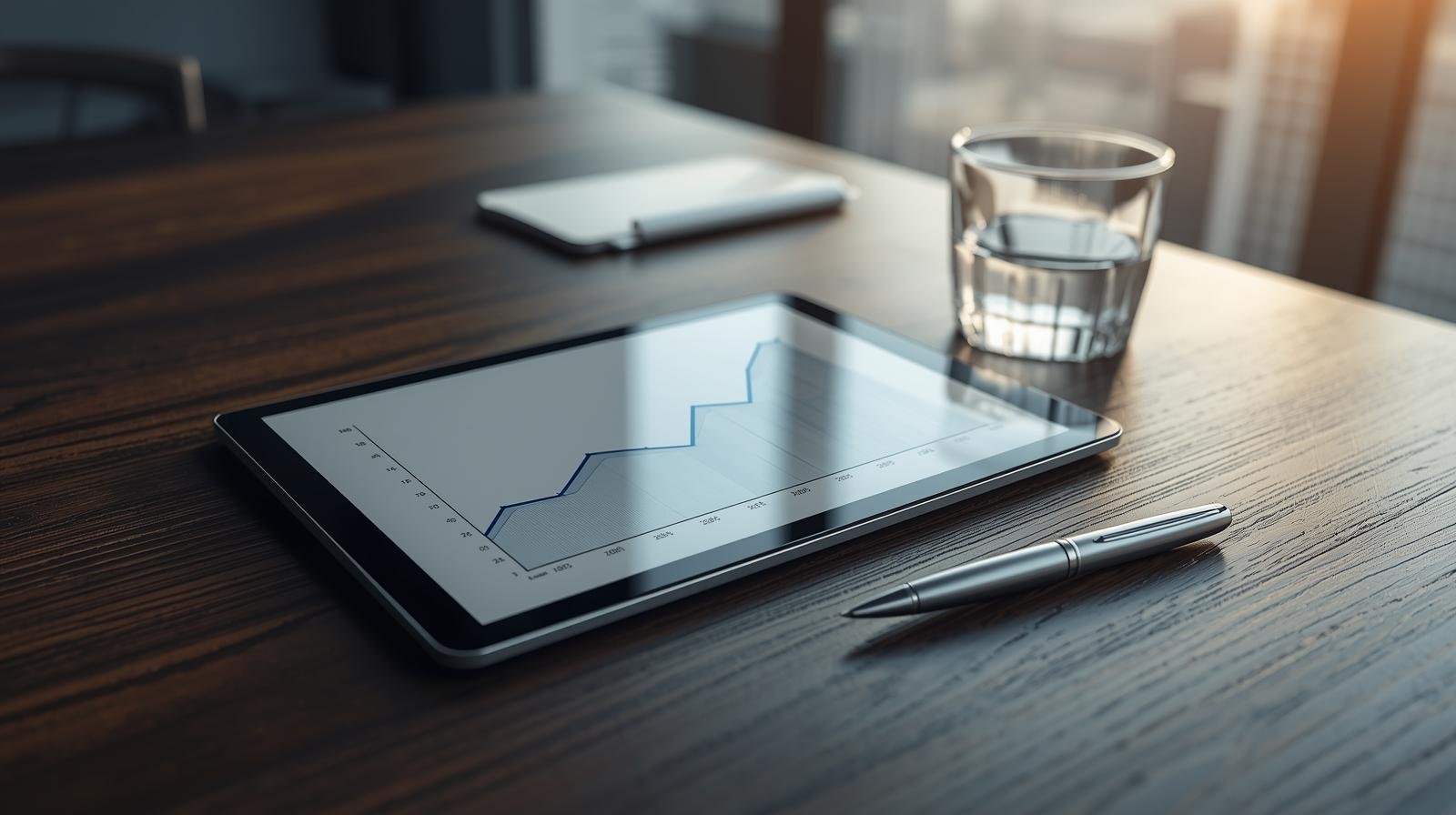 Fotografia profissional e sóbria de uma mesa executiva. Em destaque, um tablet exibe um gráfico de fluxo de caixa com tendência positiva, simbolizando a ordem financeira e a segurança necessária para a gestão de uma instituição de elite.