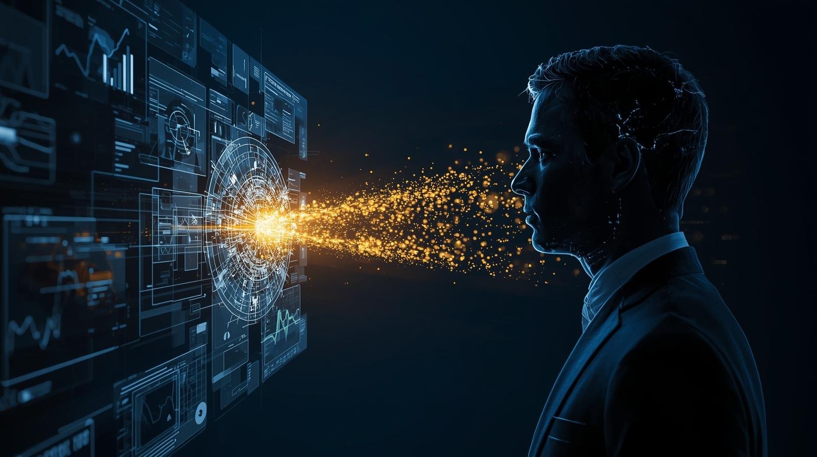 Uma arte digital conceitual mostrando o perfil de um gestor em transparência vítrea diante de um turbilhão de dados e gráficos flutuantes. No centro, uma lente geométrica brilhante filtra esse caos, transformando as partículas desordenadas em uma única seta dourada sólida e direcionada para a frente. A imagem simboliza o processo de transformar informações complexas em decisões firmes e prudentes