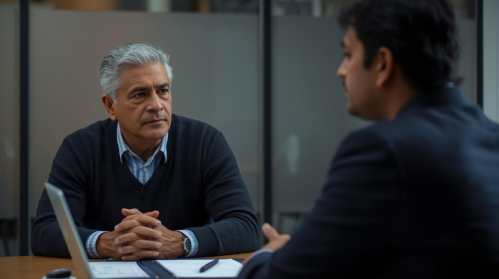 Uma fotografia realista de uma conversa séria e respeitosa entre um líder sênior e um colaborador em um escritório privado. O ambiente transmite calma e dignidade, ilustrando o momento de uma decisão administrativa difícil feita com clareza e respeito humano.