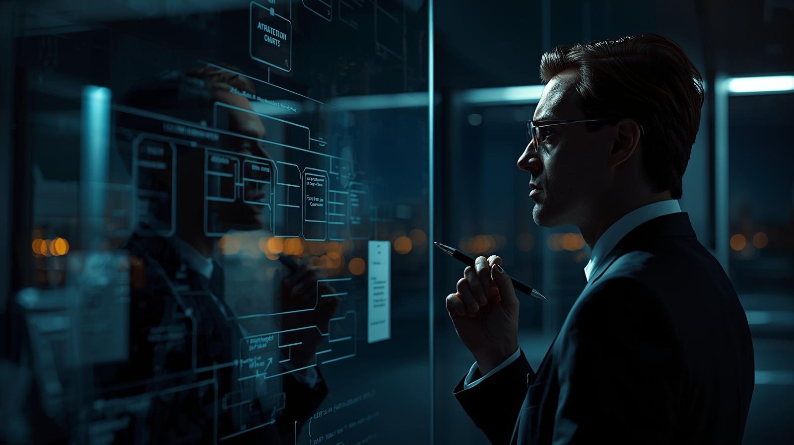 Uma fotografia cinematográfica de um administrador de perfil, analisando atentamente um organograma estratégico em uma parede de vidro. Ele segura uma caneta, demonstrando foco e critério na organização da estrutura humana e institucional da empresa.