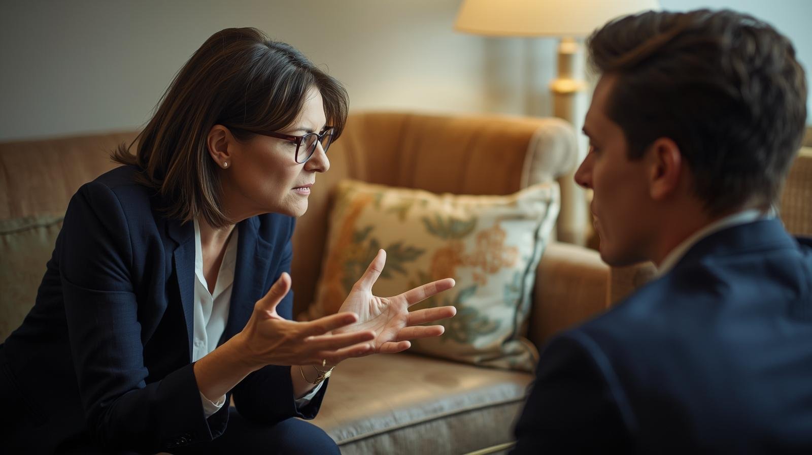 Uma cena de feedback direto entre uma administradora e um colaborador. A postura dela demonstra desafio e franqueza, enquanto o olhar e o ambiente sugerem cuidado pessoal e segurança psicológica, ilustrando o equilíbrio da Franqueza Radical